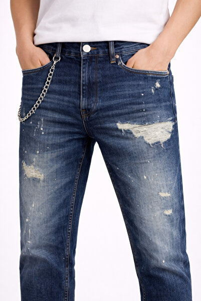 vulgariromania Men's Regular Fit Blue Distressed Jeans with Chain – Modern St...