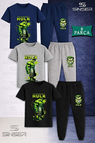 SS SİNSER Children's Unisex Hulk Printed Painted Single 3-Piece T-Shirt and T...