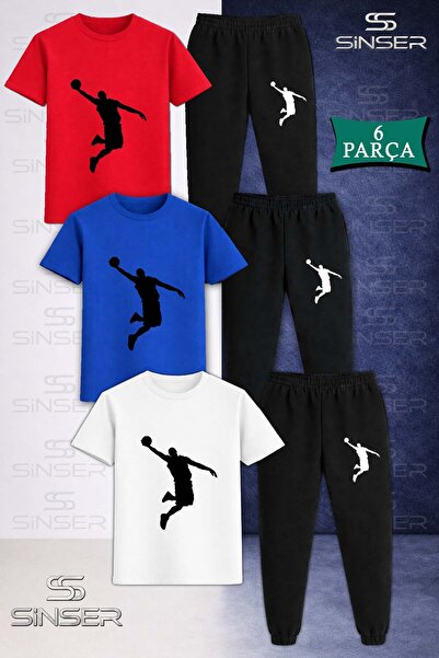 SS SİNSER Children's Unisex Basket Man Black 3-Piece T-Shirt Tracksuit Set