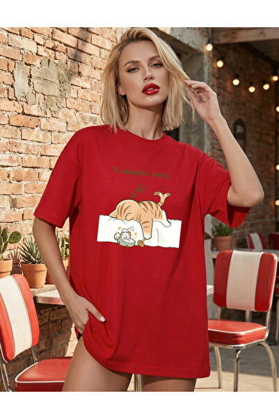 SUNFREE تي شيرت TREND CAT مطبوع برقبة دائرية وأكمام قصيرة للجنسين