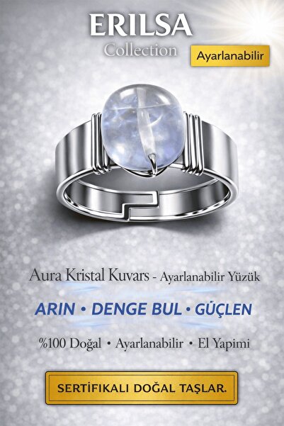 Erilsa Certified Aura Crystal Quartz Ring Natural Stone Adjustable Handmade T...