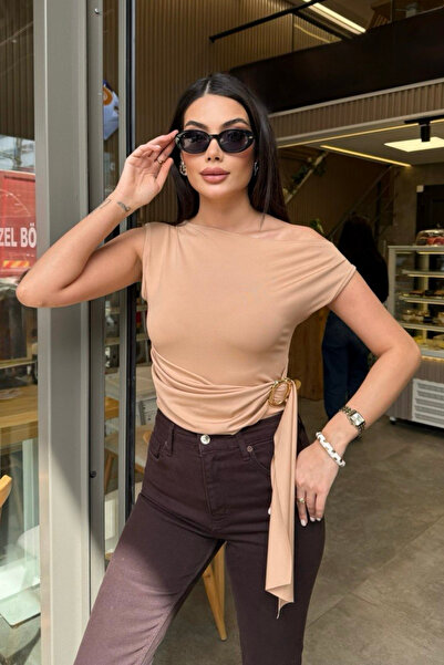 oshebu Women's Asymmetrical Collar Belted Blouse with Buckle at the Waist