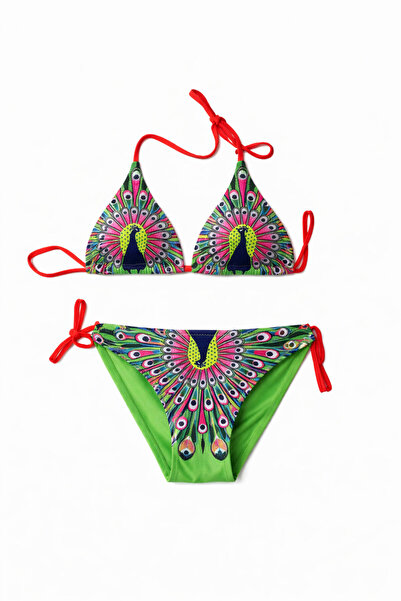 Paldeo Kız Çocuk Yeşil Tavus Kuşu Desenli 6-14 Yaş Üçgen Bikini Takım PLD24S-...