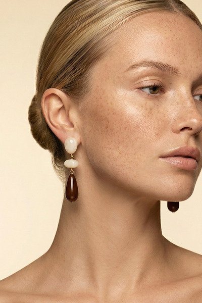 SAVAYA Women's Cream Brown Color Bohemian Natural Stone Earrings Zara Model