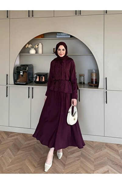 nizzell Modal Fabric Stone Detailed Hijab Suit Elegant Mobile Belted 2-Piece ...