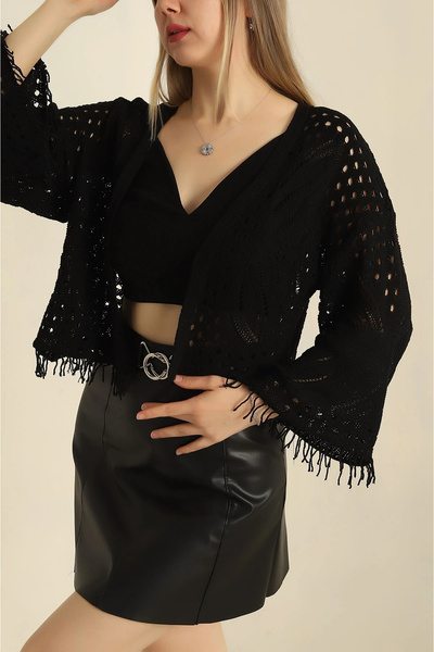 MetuCA Women's Black Butterfly Motif Openwork Tasseled Bohemian Knitwear Card...