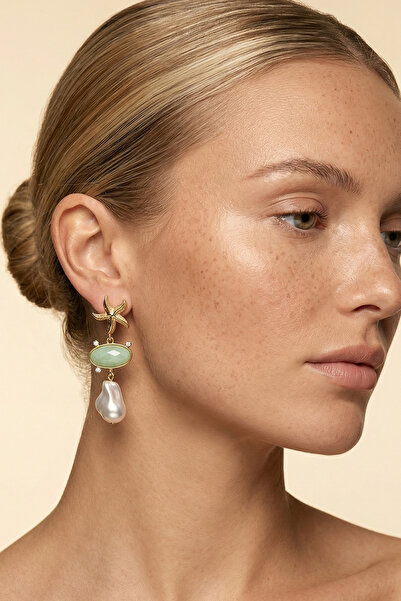 SAVAYA Women's Gold Color Starfish Green Stone Baroque Pearl Earrings Zara Model