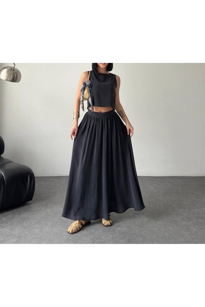SUYA US WEAR بلوزة نسائية قصيرة من قماش المودال - طقم تنورة طويلة عالية الخصر من قطعتين