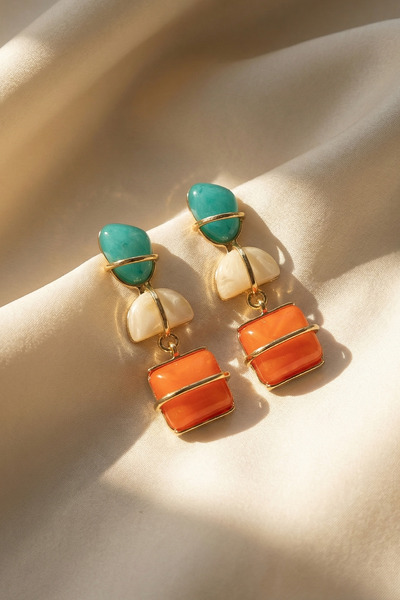 SAVAYA Women's Gold Color Colorful Stone Block Earrings Zara Model