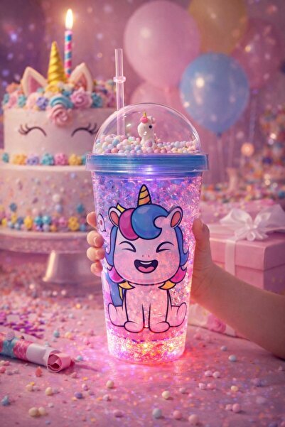 HediyeFilesi Unicorn Temalı Led Işıklı Suluk Buzlu Cam Görünümlü 450 ML Çift ...