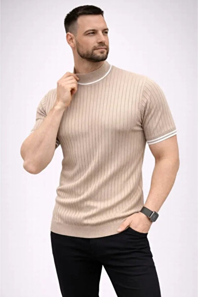 Savira تي شيرت رجالي منسوج بأكمام قصيرة وياقة نصفية، تي شيرت صيفي عصري - بيج