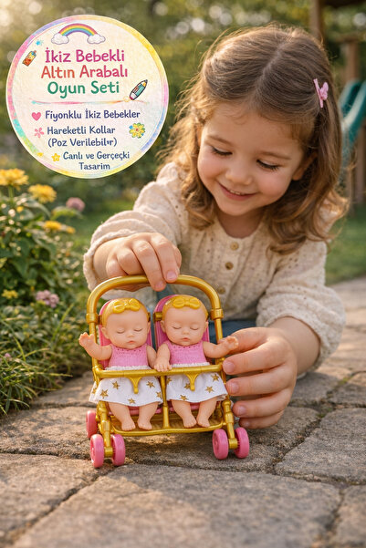 Twin Baby Stroller Toy Set with Mini Stroller Realistic Collection Mini Toy Set with Bowtie