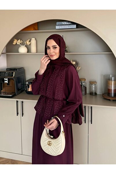nizzell Modal Kumaş Taş Detaylı Tesettür Takım Zarif Seyyar Kuşaklı 2'li Komb...