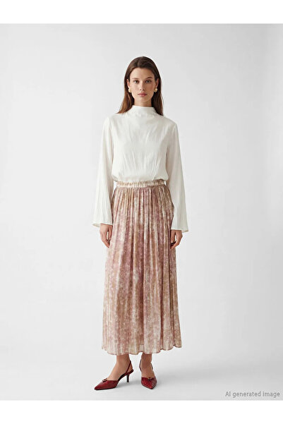 LC Waikiki Lcw Modest Pink Patterned Flared Skirt with Elastic Waist