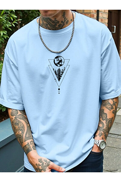 SUNFREE تيشيرت رجالي أساسي بأكمام قصيرة وياقة دائرية مطبوع عليه شجرة هندسية