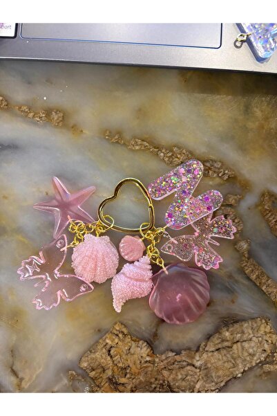 meloradesign N Pembe istiridye deniz kabuğu epoksi kalp anahtarlık