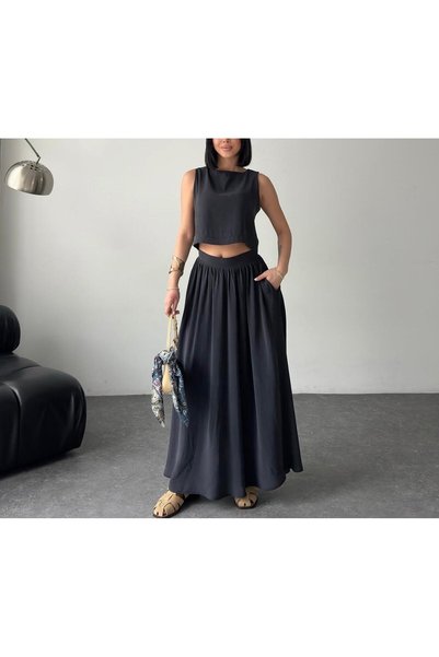 SUYA US WEAR بلوزة نسائية قصيرة من قماش المودال - طقم تنورة طويلة عالية الخصر من قطعتين