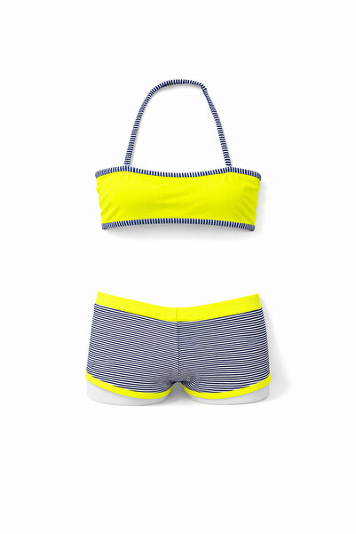 Paldeo Kız Çocuk Neon Sarı Siyah Çizgili Şortlu 4-12 Yaş Straplez Bikini Takı...
