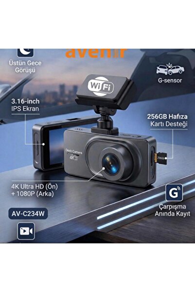 AVENİR KRNTEKNO WİFİ FULL HD GECE GÖRÜŞLÜ 170 DERECE GENİŞ ACILI ARAÇ İÇİ KAMERA