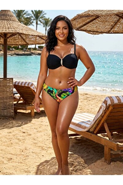 Paldeo Kadın Siyah Taş İşlemeli Toka Aksesuarlı Astarlı Bikini Takım PLD25S-3018