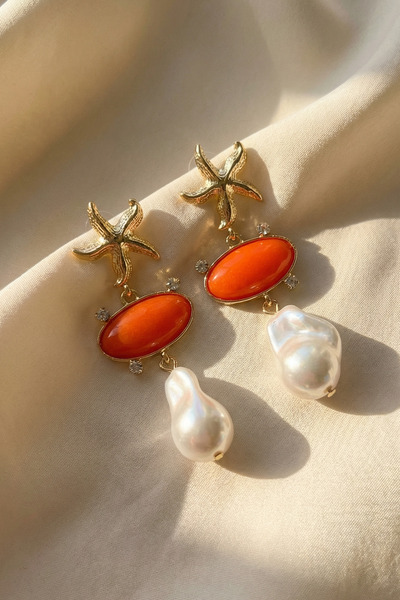 SAVAYA Women's Gold Color Sea Star Red Stone Baroque Pearl Earrings Zara Model