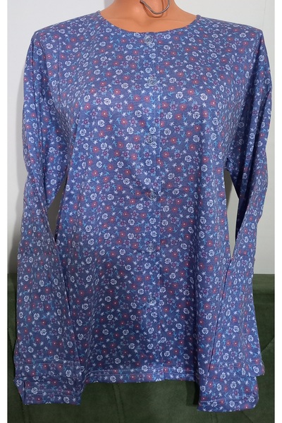 Anne بلوزة من القطن الممشط بطباعة ورقية بأكمام طويلة وأزرار أمامية وياقة دائر...