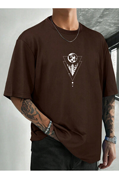 SUNFREE تيشيرت رجالي أساسي بأكمام قصيرة وياقة دائرية مطبوع عليه شجرة هندسية