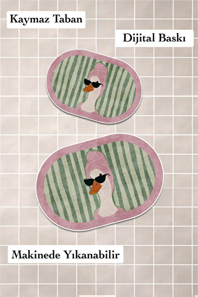PINKIE HOME Dijital Baskı Kaymaz Taban Sevimli Banyo Paspası Ikili Klozet Tak...