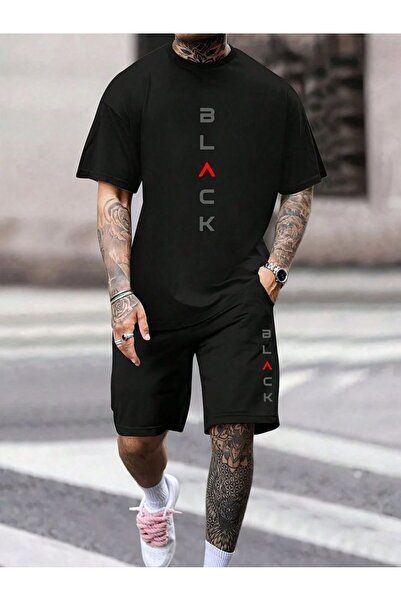 MARKATEM Men's Black Oversize T-Shirt Shorts Set Black Printed Streetwear Sum...