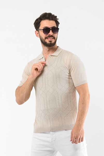 ONNO Tricou din bumbac cu fermoar și model tricotat