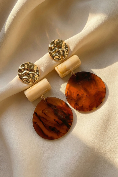 SAVAYA Women's Gold Color Marble Patterned Bohemian Dangle Earrings Zara Model