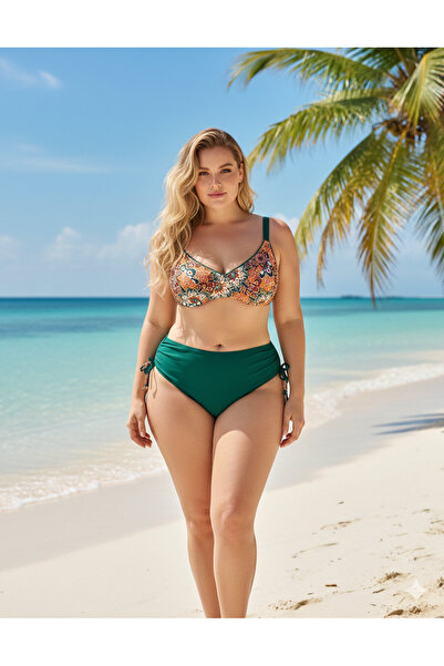 Paldeo Kadın Zümrüt Yeşil Etnik Desen Büyük Beden Bikini Takım PLD25S-3012