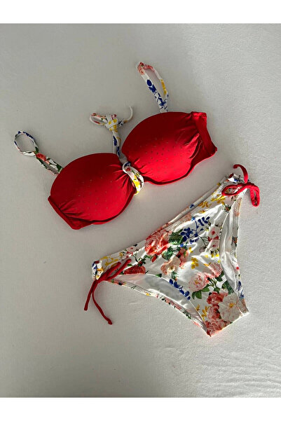 Paldeo Kadın Kırmızı Taş İşlemeli Astarlı Bikini Takım PLD25S-3018