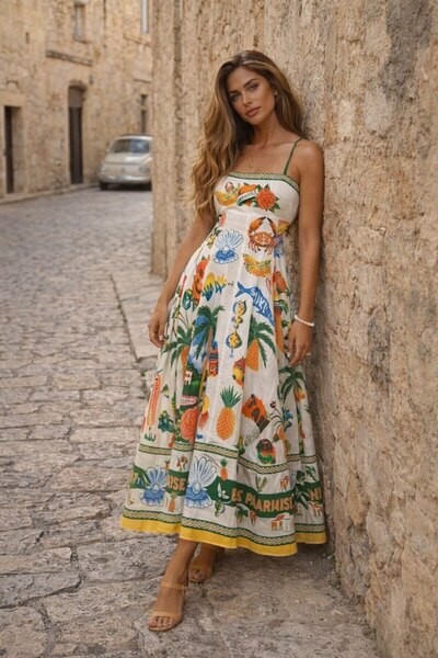 Stil Sepeti White Strappy Flared Square Neck Summer Beach Dress – Long & Eleg...