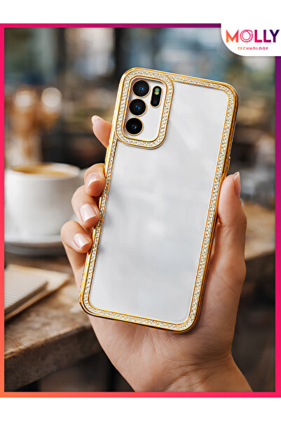 Molly حافظة سيليكون شفافة بإطار ذهبي مع تفاصيل كريستالية لهاتف OPPO A16