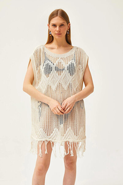 MetuCA Women's Beige Openwork Bohemian Knitted Tassel Sleeveless Blouse Beach...