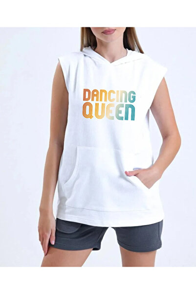 SUNFREE DANCING QUEEN Αθλητικό μπλουζάκι Unisex με στάμπα και κουκούλα, λευκό
