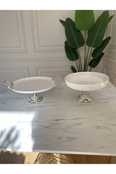 Sillage Home 2'li Lüks Sunum Seti - Ayaklı Porselen Servis Tabağı (26 cm) & A...