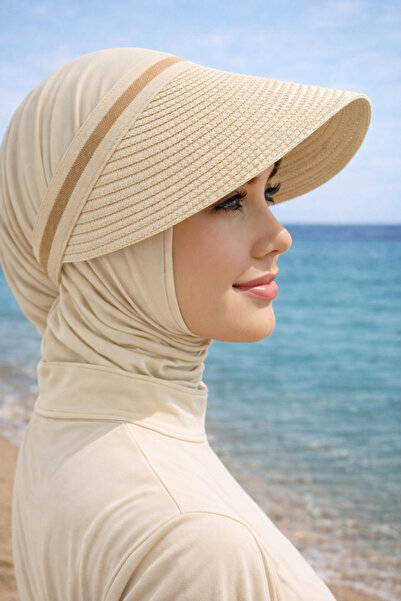 Cream Sunscreen Straw Visor Hat with Imported Stripes Hijab Crown Model Summer Hat