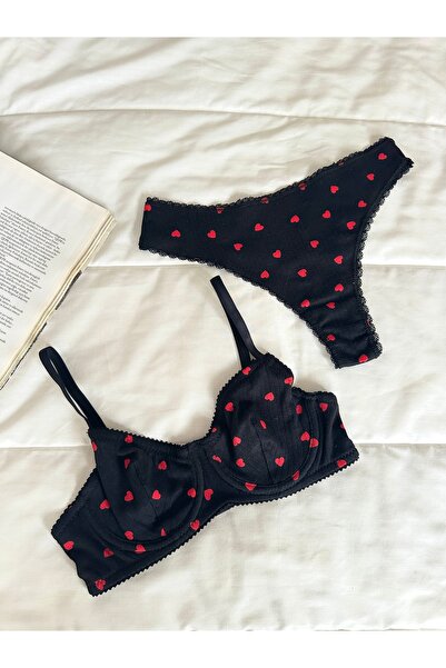 Feruzdesign Cotton Black Heart Underwire Bra Set