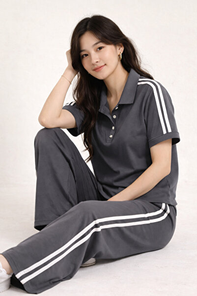 Velista طقم بدلة رياضية مخططة بياقة بولو من قماش المودال