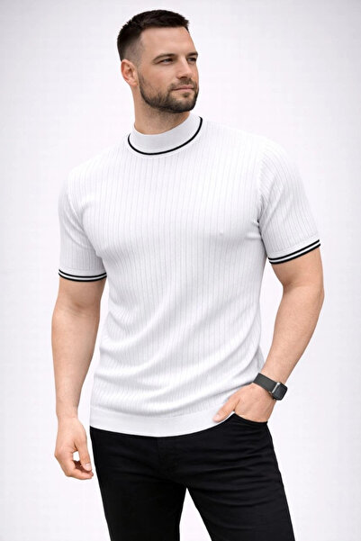 ERTAŞ TREND STORE Men's Ribbed Knit Woven Short Sleeve T-Shirt Half-Throat Mo...