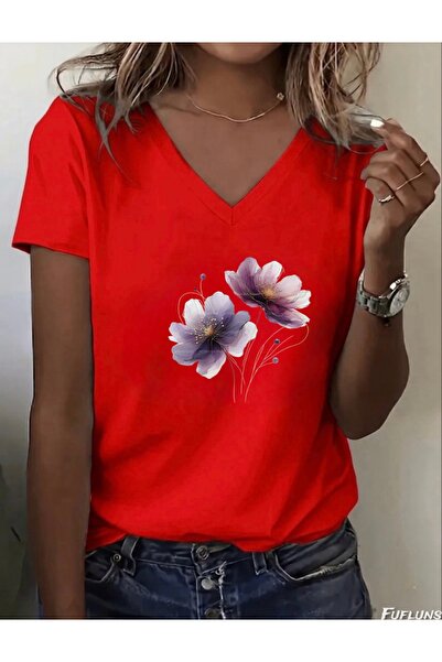 FUFLUNS Colorful Flower Printed Women's Oversize V-Neck T-Shirt
