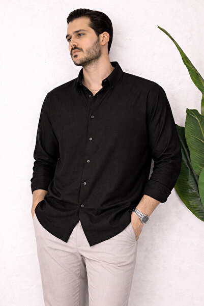 beuivo Men's Black Sofia Linen Oversize Long Sleeve Shirt