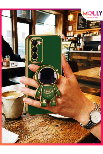 Molly Dark Green Edges Gold Detailed Astronaut Stand Luxury Silicone Case for...