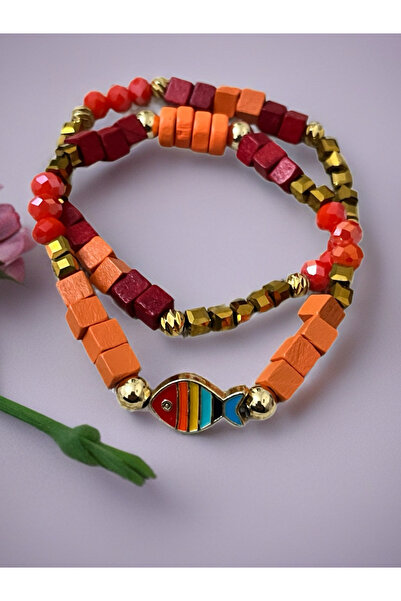 COCOSH TAKI Orange Red Beaded Gold Detailed Fish Charm Combination Multi Brac...