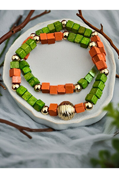 COCOSH TAKI Green and Orange Wooden Beaded Multi-Combination Bracelet with Go...