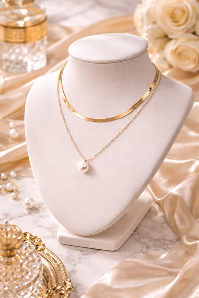 A2Z Colier Dublu Dama Inox Aurit, Perla sintetica, Layered Elegant, Fin si Mo...