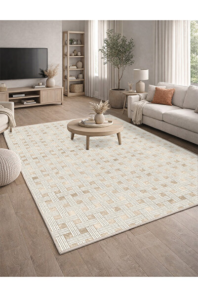 Lioara Home Krem Renk Modern Dijital Baskılı Halı – Modern, Kaymaz Taban, Sal...