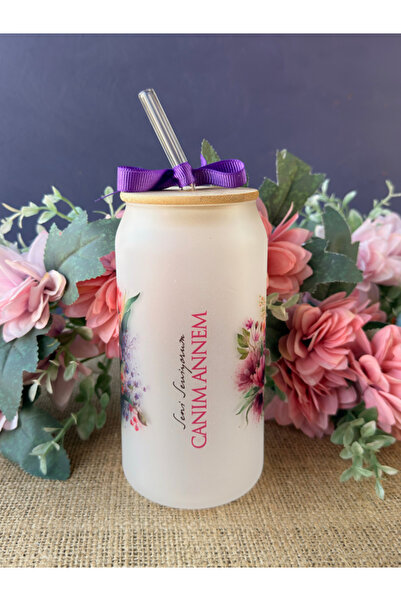 Hepsi Enteresan Bamboo Lid Ice-Cold Glass Cup with Straw, Dear Mom, Mother's ...